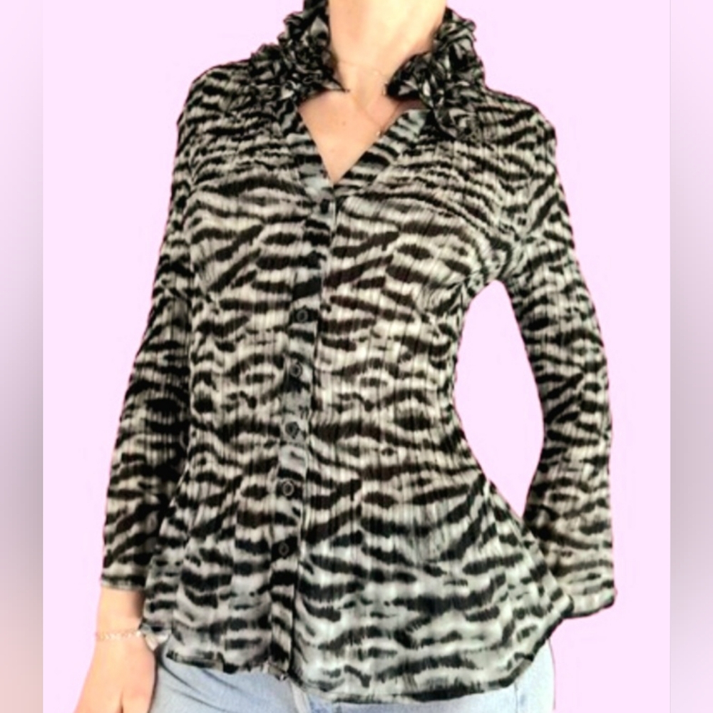 Y2K Black and White Zebra Print Ruffle  Women's Top